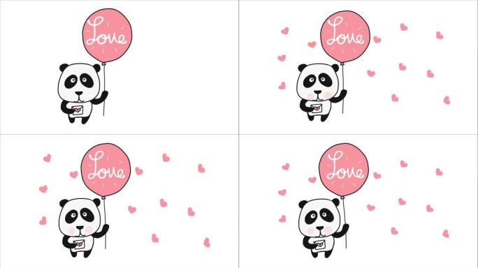熊猫与爱气球卡通涂鸦风格
