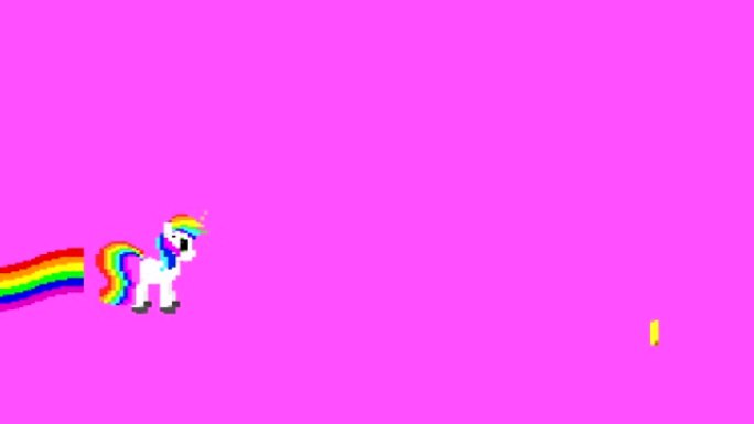 像素幻想独角兽与彩虹镜头。小马动画为最小风格的街机游戏。多色移动波的童话生物。粉红色背景上的飞马座和