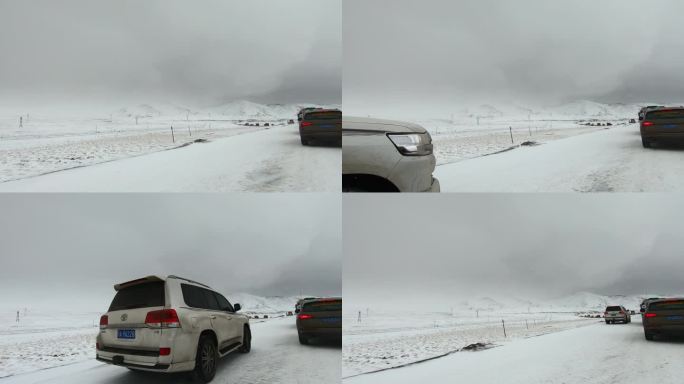 西藏旅游317国道车窗外冰雪路面塞车路段