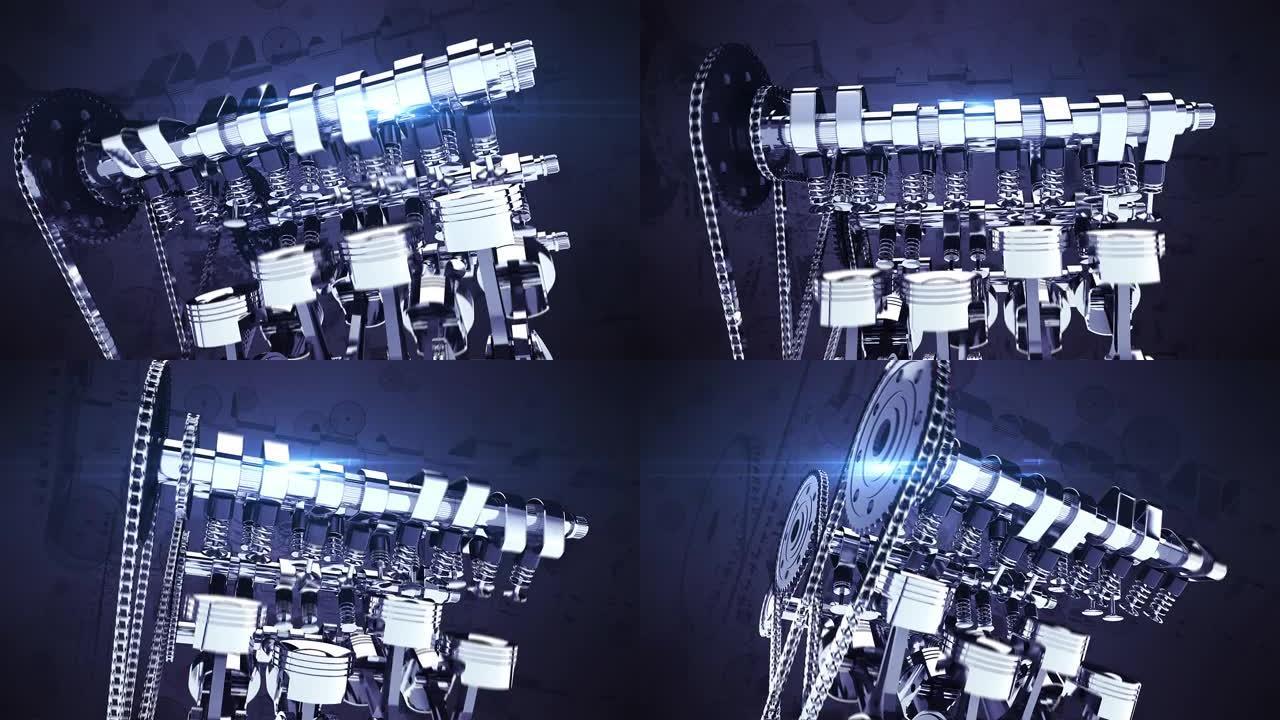 具有效果的燃油喷射V8发动机的3D动画