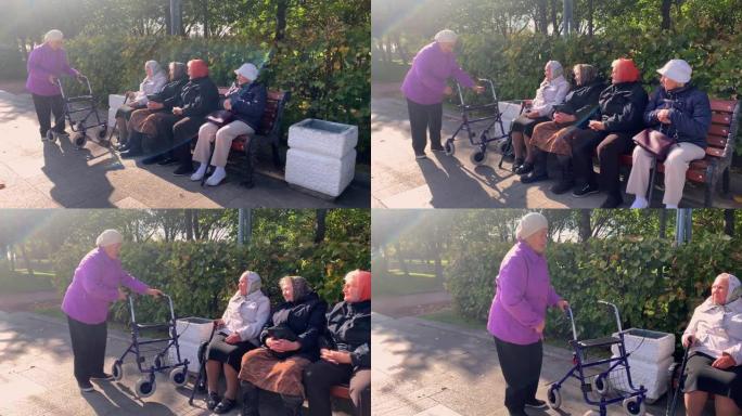 慢动作视频-五位祖母在公园长椅上相遇