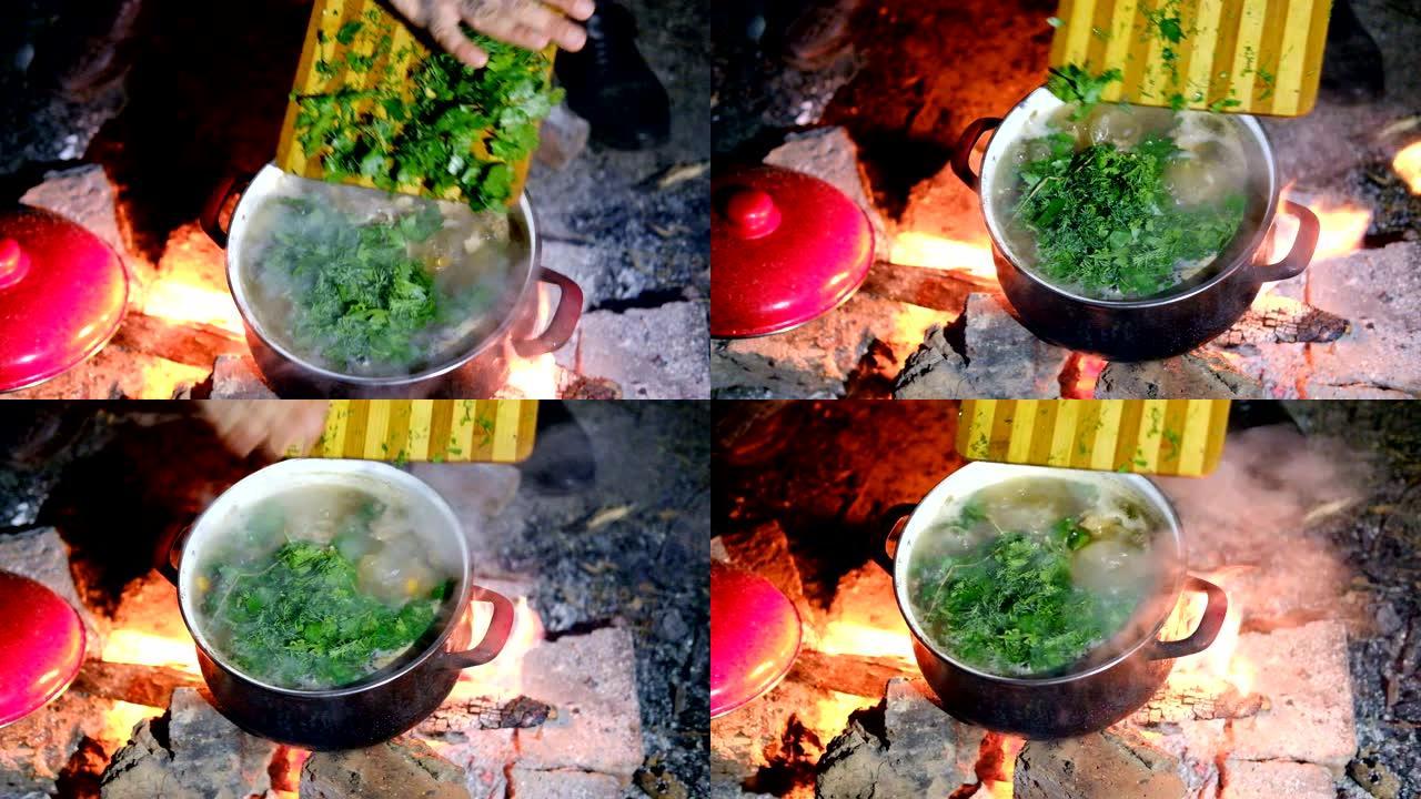 在火上煮鱼汤