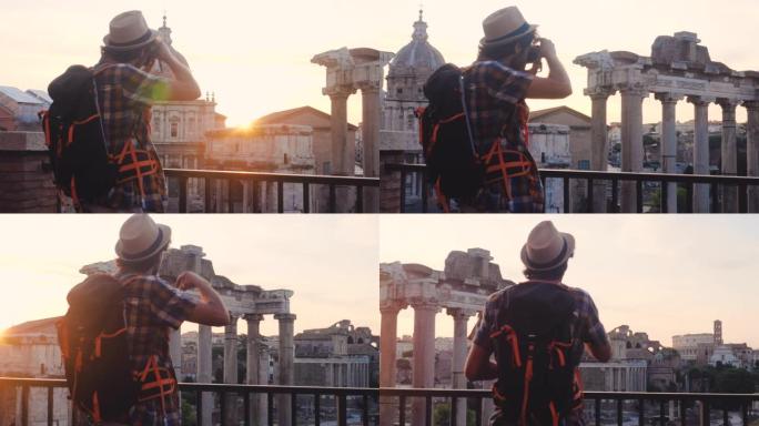 年轻人旅游背包客在日出时在罗马论坛用老式相机拍照。从全景的角度来看，意大利罗马的历史帝国罗马罗马。