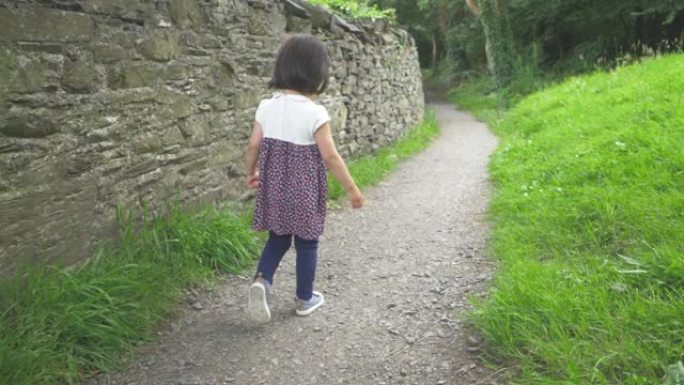 在北爱尔兰乡村森林公园玩耍的蹒跚学步的女孩