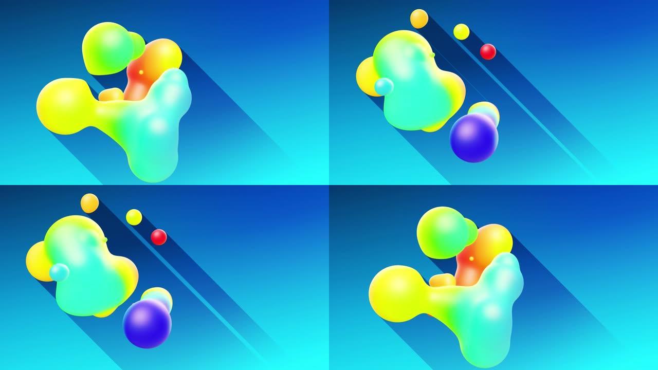 具有流行的渐变颜色的多色球或气泡和地下辉光材料在空气中飞行，就像水滴metaballs，球体投下长长