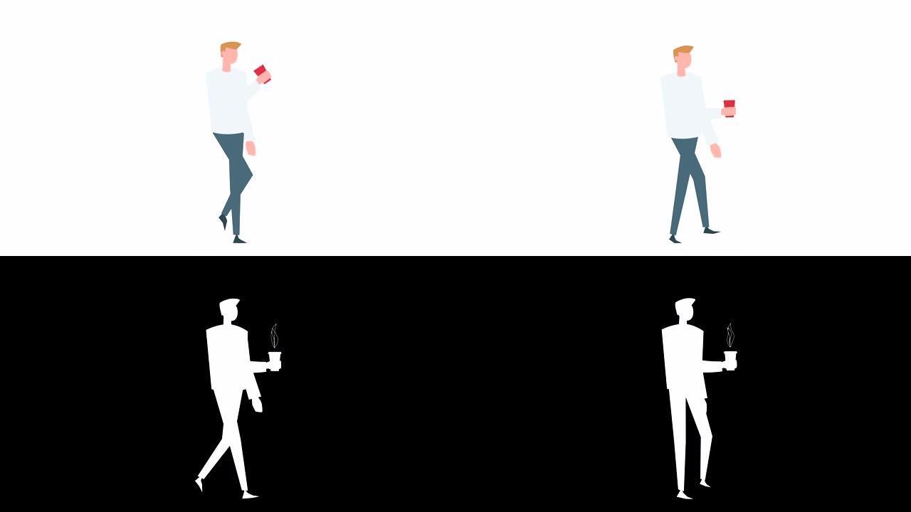 平面卡通七彩人物动画。男性步行自行车与一杯咖啡的情况