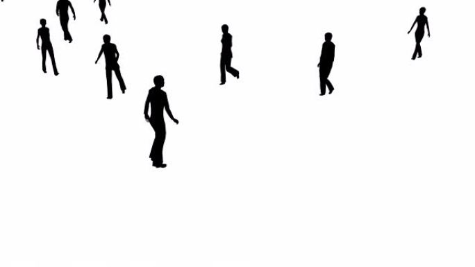 人黑色剪影行走3d动画。人群漫步在白色背景的抽象镜头上。市民向不同方向移动视频。社会隔离与冷漠观念