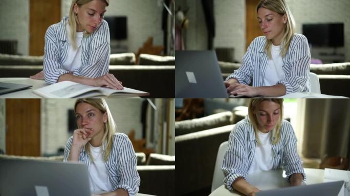 聪明的白人妇女在笔记本电脑上打字信息进行研究，同时在线学习和在家准备考试室内阅读书籍