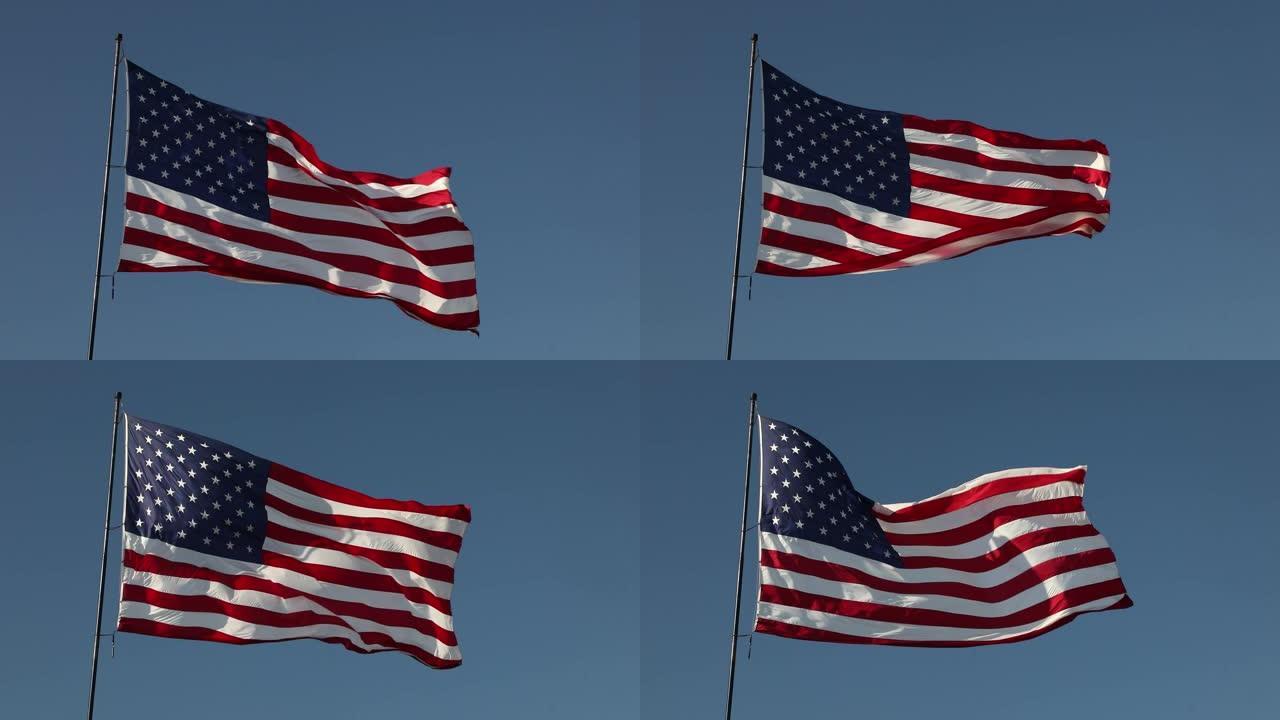 全高清右面对美国国旗慢动作在风中摇摆与鬼影延时云