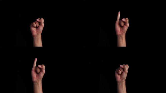 白种人的手孤立在黑色上，并显示出asl (美国手语) 的字母符号。