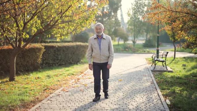 穿夹克的老人。大胡子老人在秋季公园散步