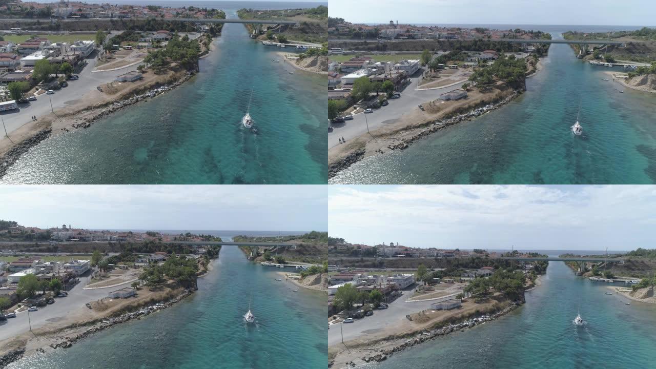 希腊Nea Potidea村Potidea运河的鸟瞰图。4K