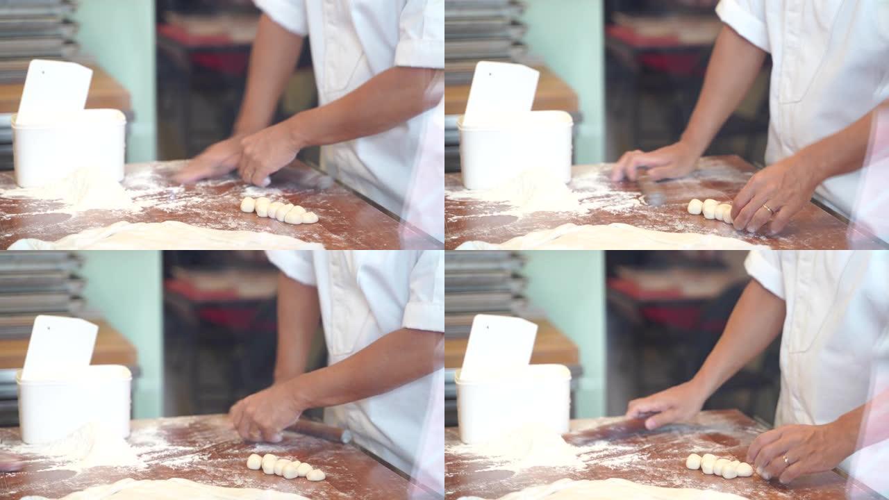 烹饪视频步骤制作小龙宝。它是最受欢迎的中国点心菜肴。小龙宝是由面包粉与小麦粉混合制成的，猪肉末在水中