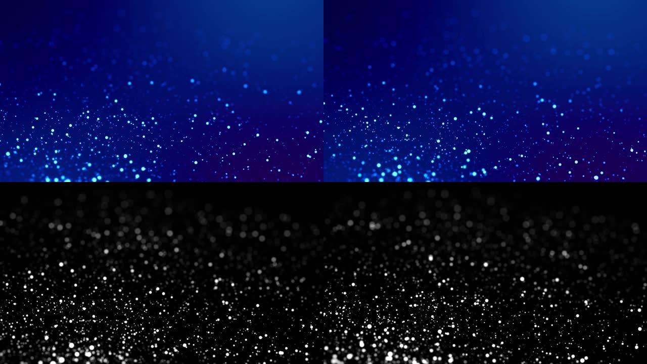 闪光的蓝色魔法粒子在粘性液体中飞行和发光，在4k中具有惊人的背景。以luma matte为alpha