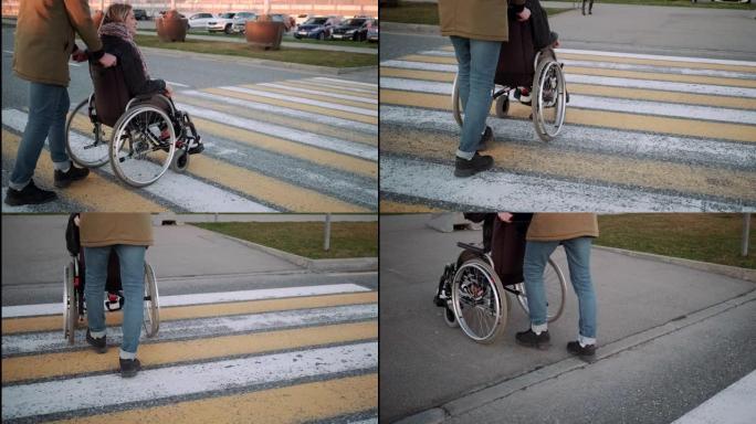 男子推着轮椅与残障女友过马路