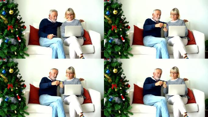 4k微笑的高级夫妇持有Visa信用卡，在圣诞节用笔记本电脑在线购物时