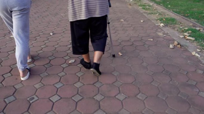 女人牵着老妇的手在公园里散步