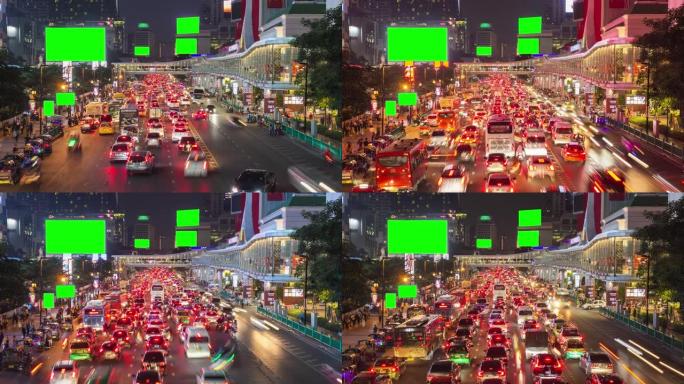泰国曼谷，下班后，下班时间在拉玛一世路上的夜间交通拥堵，晚上下班后，中央世界前线地区有广告绿屏。