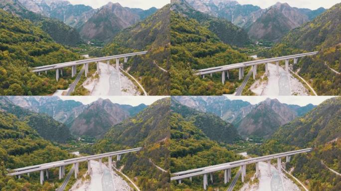 山中混凝土柱子上混凝土公路高架桥的鸟瞰图