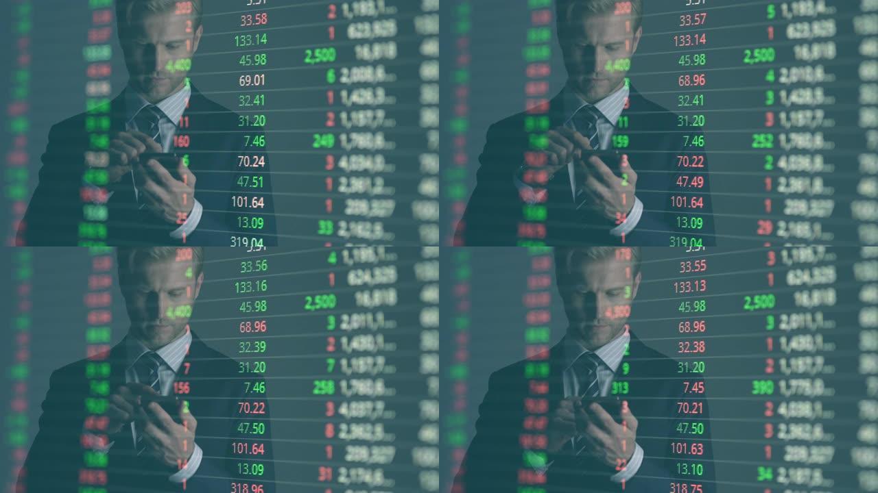 商人投资者分析股市数据带黑色背景的智能手机和股市屏幕双重曝光