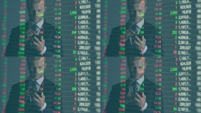 商人投资者分析股市数据带黑色背景的智能手机和股市屏幕双重曝光