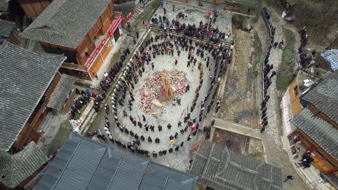 贵州反排村农历二月二敬桥节祭祀活动航拍