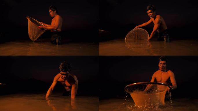 渔民们在湖边黄昏时用勺子网捕虾。概念渔夫的生活方式。华富里，亚洲，泰国。