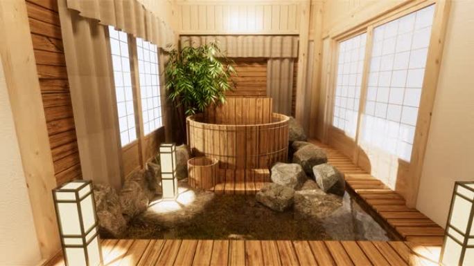 温泉室内部配有木制浴室和装饰木制日本风格。3d渲染