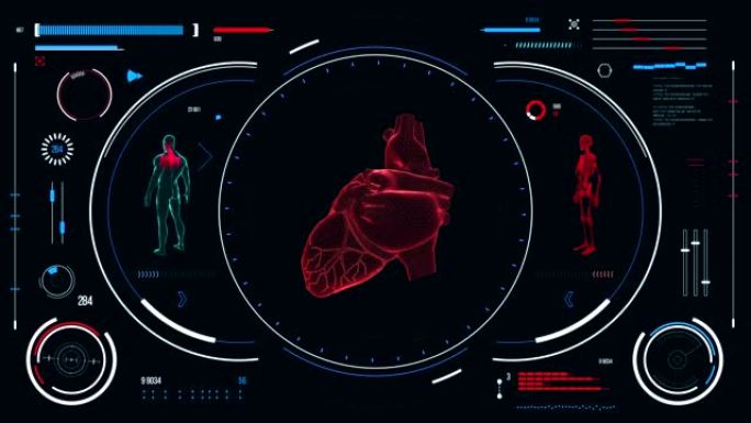 人体心脏扫描。具有HUD和信息图表元素的未来医学用户界面。虚拟技术背景。用于商业，游戏，运动设计，w