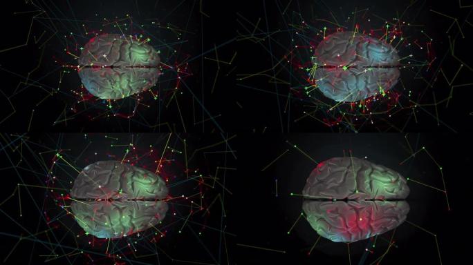 闪耀着发光的大脑，有许多象征着周围技术的粒子