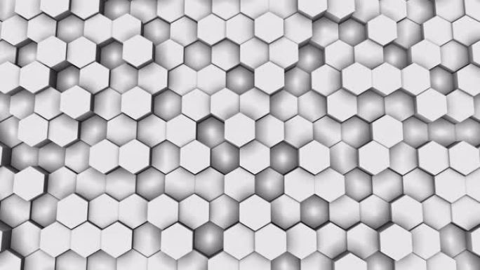 蜂窝网格的垂直壁。每个六角形几何图案随机上下移动。循环4k 3d渲染黑白抽象背景，适用于商务或屏幕保