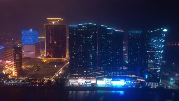 夜间照明澳门市中心酒店海湾航空全景4k中国