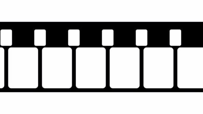 8毫米胶条移动在白色背景。白色屏幕上无缝循环的视频片段。抽象薄膜条设计模板。