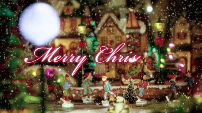 圣诞快乐红色文字排版设计，带有玩具圣诞村场景和滑冰者的小雕像，背景是雪-圣诞活动概念