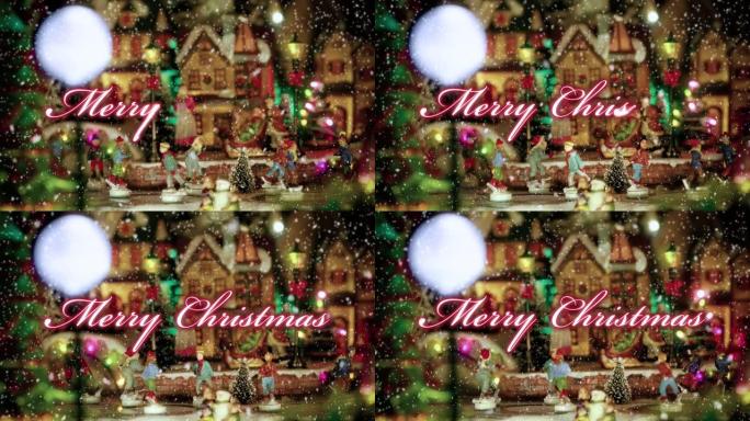 圣诞快乐红色文字排版设计，带有玩具圣诞村场景和滑冰者的小雕像，背景是雪-圣诞活动概念