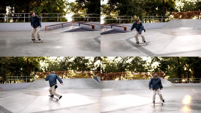 滑板手在滑板公园玩滑板和跳跃奥利把戏。滑板手的腿和运动鞋在户外用滑板跳跃翻转技巧的极端特写。慢动作