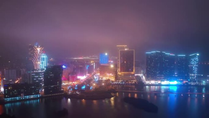 澳门市区海湾夜间照明航空全景4k中国