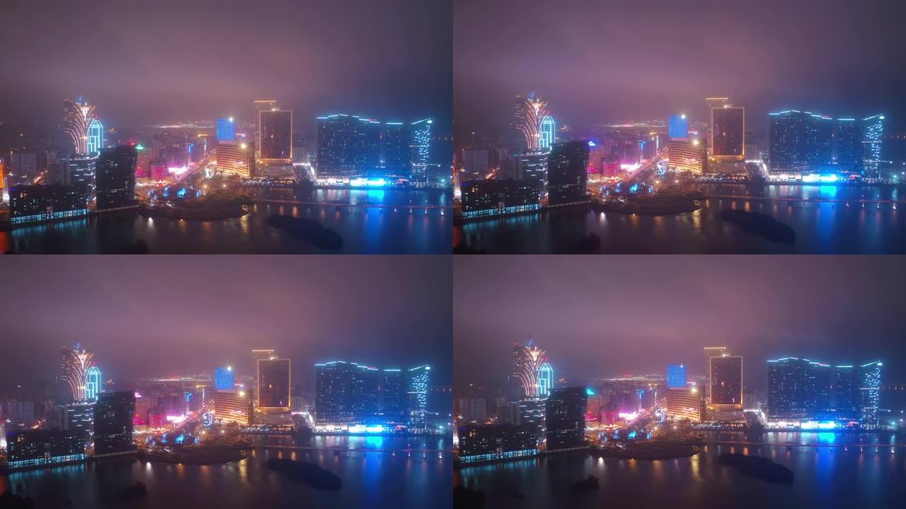 澳门市区海湾夜间照明航空全景4k中国