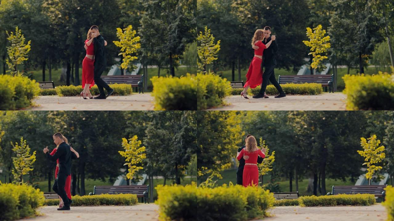 舞者的同步步伐，公园里热情的探戈。美丽的夫妇在夏天的街道上跳舞性感的舞蹈。