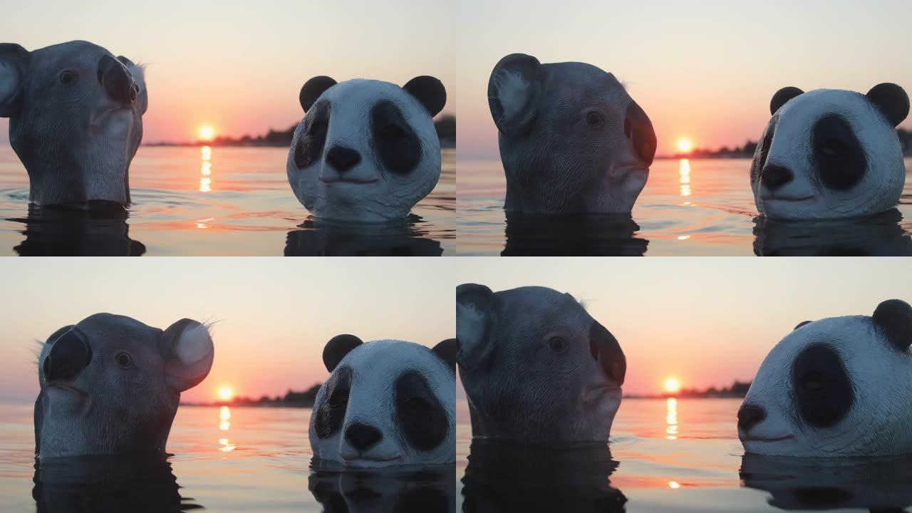 两个朋友在海上玩熊猫和考拉头面具