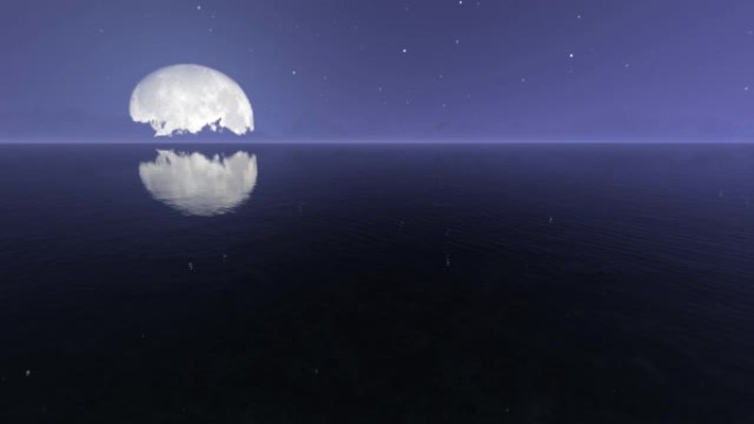 带有月亮逼真镜头的夜海。水平滑表面动画中的月光反射。浪漫美丽的风景。海洋景观。午夜海景和星空4k视频