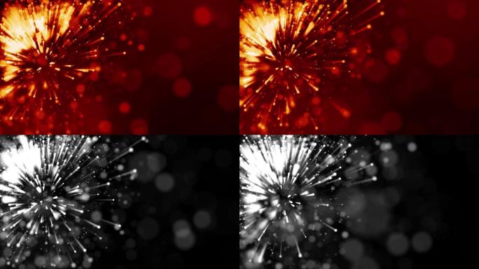 红色黄色发光粒子的4k 3d动画漂浮在粘性液体中，并与光线闪闪发光。这是明亮的节日背景，具有景深，b