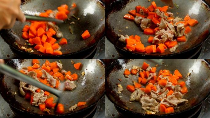 将切碎的猪肉和胡萝卜炒锅
