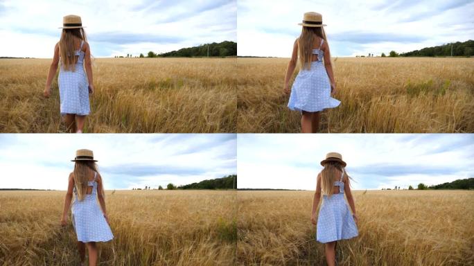 跟随可爱的金色长发孩子在阴天穿过麦田。戴着草帽的小女孩在大麦的草地上。穿着裙子的小孩在黄金种植园消磨