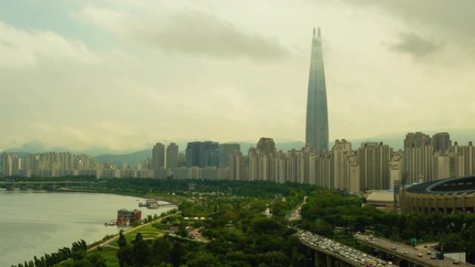 韩国乐天大厦和汉江的首尔城市景观的延时拍摄