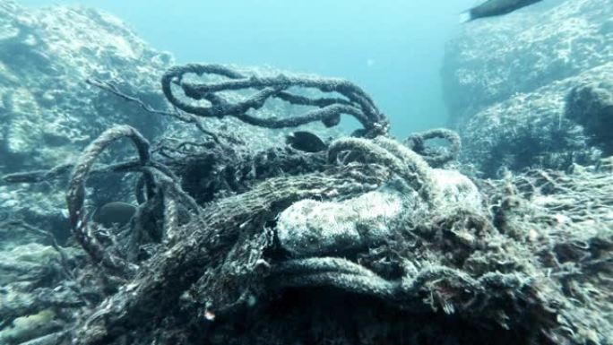 环境灾难海洋生物被困在水下鬼网