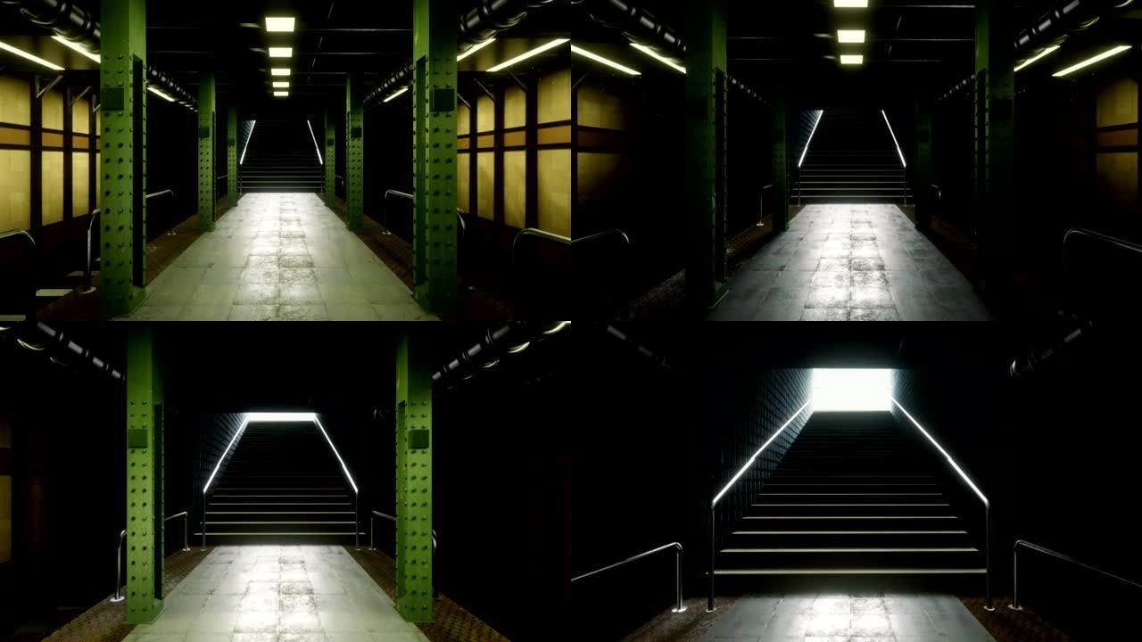 一架神秘的废弃地铁的摄像机飞行。后启示录、地铁和世界末日地铁。