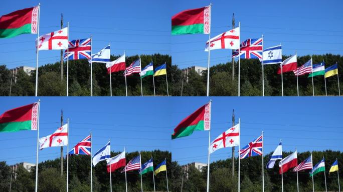 旗杆上有白俄罗斯、格鲁吉亚、英国、以色列、波兰、美国、乌兹别克斯坦和乌克兰的国旗。
