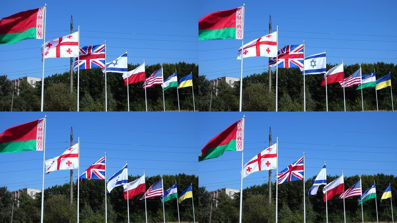 旗杆上有白俄罗斯、格鲁吉亚、英国、以色列、波兰、美国、乌兹别克斯坦和乌克兰的国旗。