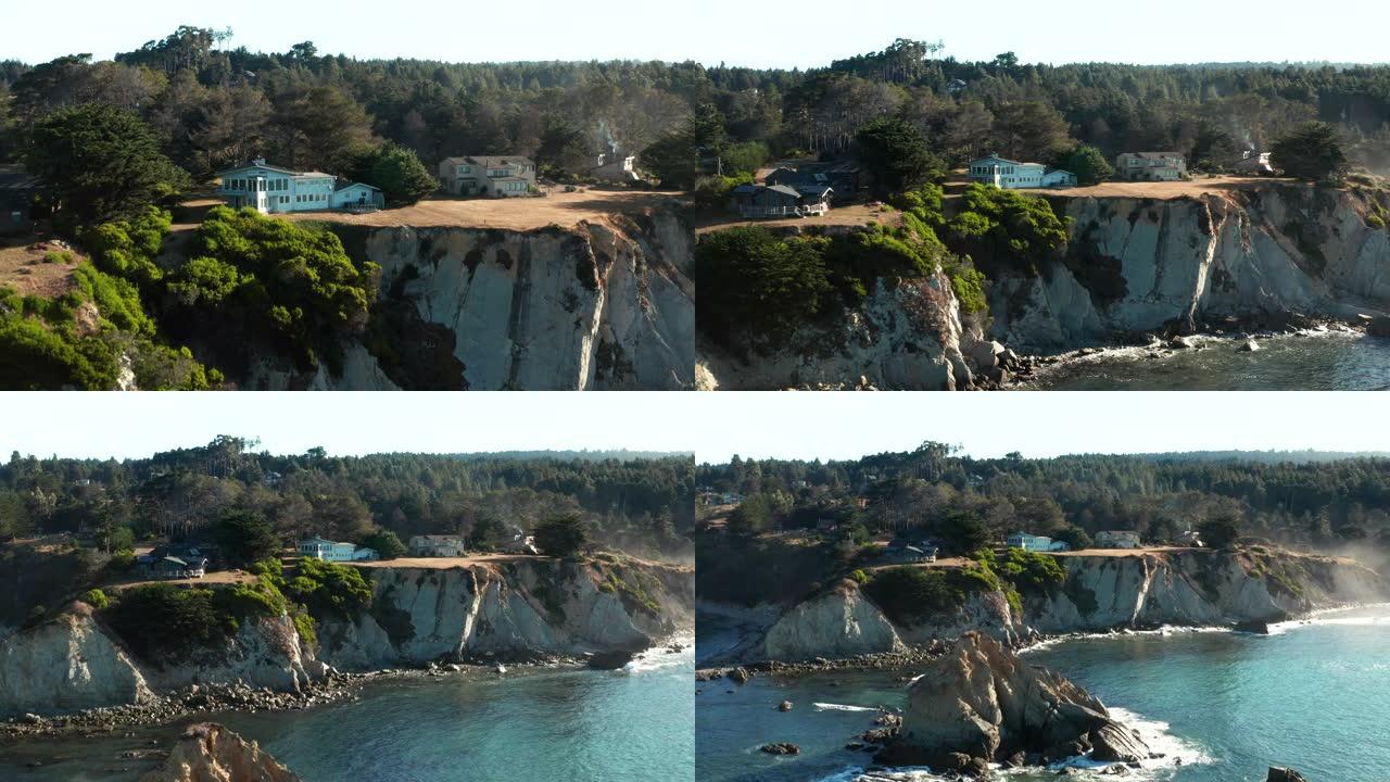 对北加州海岸线和悬崖边房屋的空中无人机拍摄